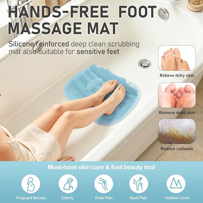 XL Shower Foot Scrubber Mat, Silicone Feet Massage Scrubber in Shower Clean Foot Toes Pad without Bending Non-slip Suction Cups -Blood Circulation Exfoliate Achy Relief 17.4*13.4" Light Blue