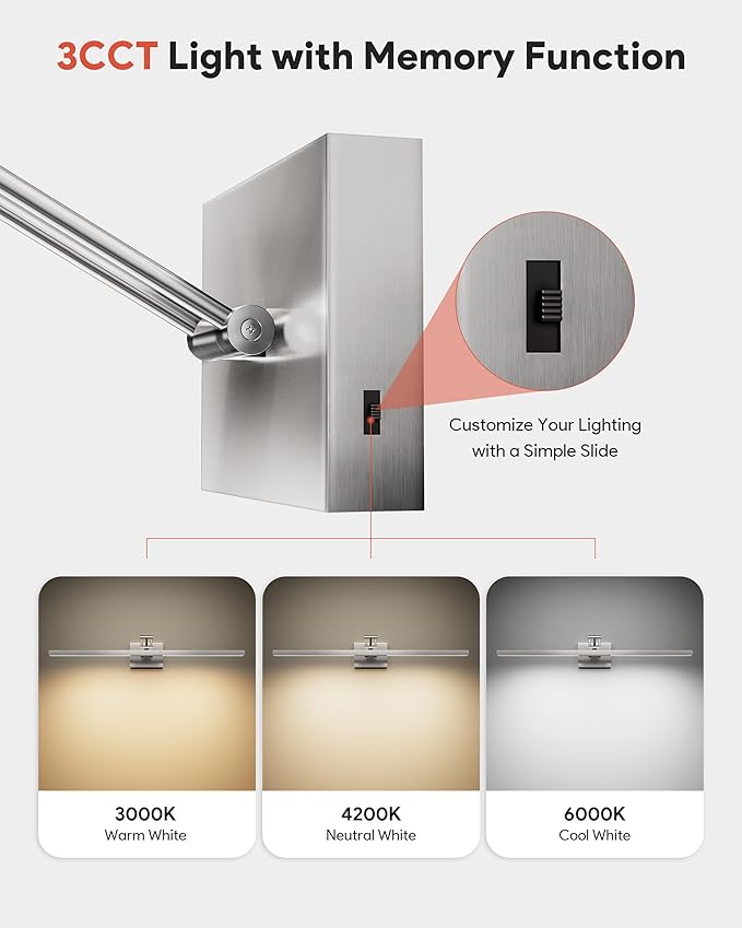 VONLUCE 30" LED Bathroom Vanity Light, 3CCT Modern LED Vanity Lights with 360° Rotatable Head Swing Arm, 11.4W Bathroom Light Fixture Over Mirror, LED Lights for Bathroom Bedroom, Brushed Nickel