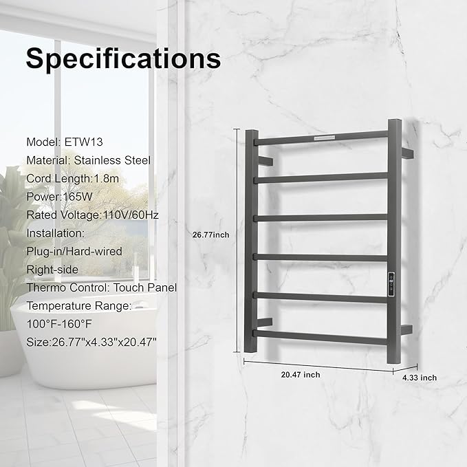 Electric Heated Towel Warmer - Wall Mounted Bathroom Towel Rack, Plug-in Design & Brushed Stainless Steel 6 Bar Gunmetal with Timer & Temperature Control