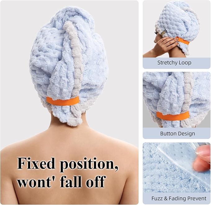 Hair Drying Towels, 19.7x31.5 inch Hair Towels with Elastic Strap, Extra Large Hair Towel Wrap for Women, Super Soft Hair Drying Towels for Long, Thick, Curly Hair, Anti-Frizz Turbans, Blue Color.