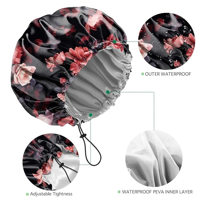 2 PCS Shower Cap Waterproof Double Layer Elastic Adjustable Reusable Hair Bath Caps for Girls Women Cute Aesthetic-Purple Red
