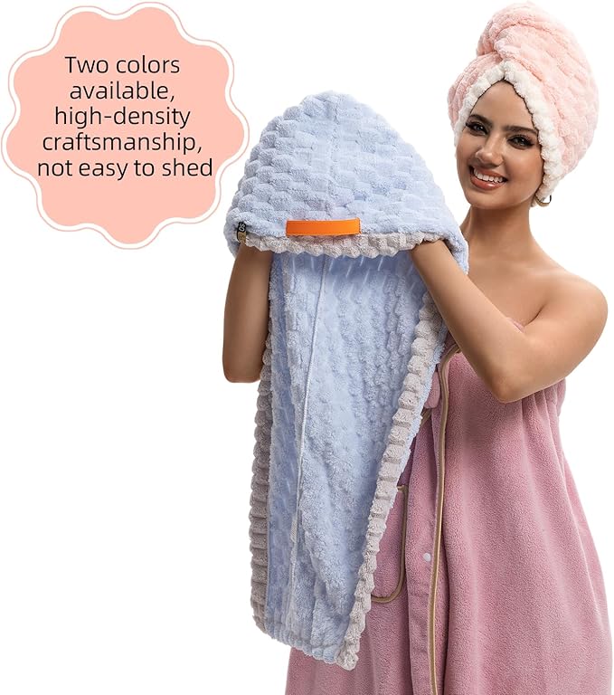 Hair Drying Towels, 19.7x31.5 inch Hair Towels with Elastic Strap, Extra Large Hair Towel Wrap for Women, Super Soft Hair Drying Towels for Long, Thick, Curly Hair, Anti-Frizz Turbans, PINK Color.