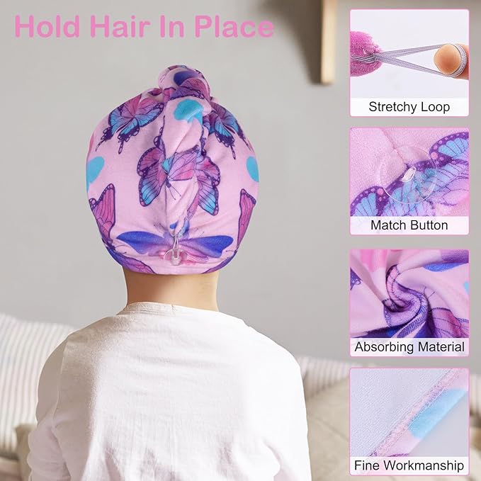 Basumee Microfiber Hair Towel Wrap for Kids 2 Pack - Rapid Drying Turbans With Button for Wet Hair - Head Towel Wrap for Women and Girls, Blue Pink Butterfly