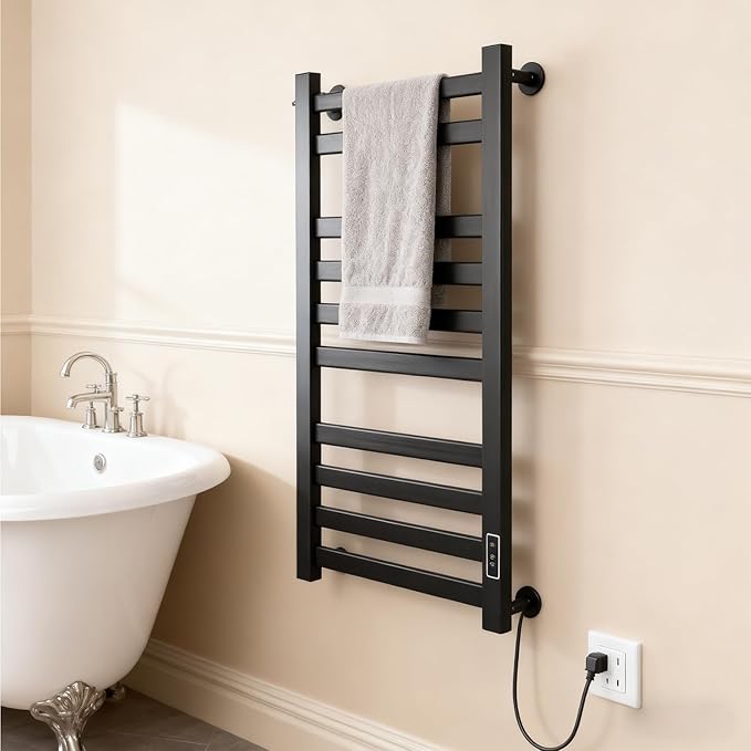 Verida Towel Warmer Rack, Heated Towel Rack for Bathroom, Wall-Mounted Plug (Not Hardwired), Aluminum Alloy, with Timer and Temperature Adjustment, Overheat Protection Function(Large Black)