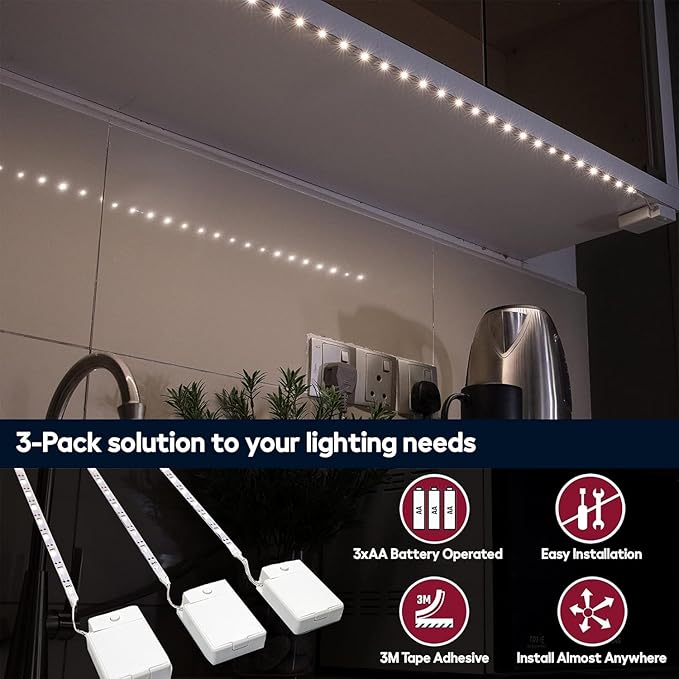 BestLuz Battery Powered LED Strip Lights, 3 Pack 40 Inch Battery Operated LED Strip Lights for Shelves and Under Cabinet Indoor Use, Cordless LED Light Strips Warm White 2700K