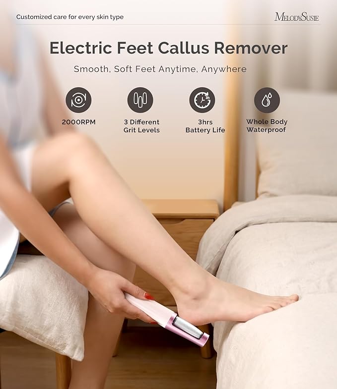 MelodySusie Electric Callus Remover for Feet, PC800G Waterproof Rechargeable Pedicure Tool with Light & 3 Different Grits Roller Heads & Adjustable Speeds, for Dead Skin & Cracked Heel (Pink Rose)