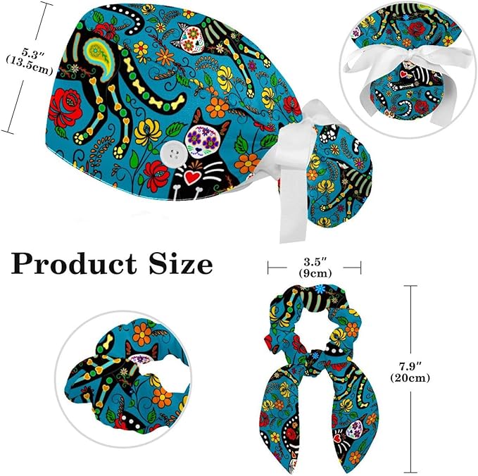 Ethnic Aztec Pattern Adjustable Scrub Cap Hat with Button, Working Hat Sweatband with Bow Hair Scrunchy for Woman