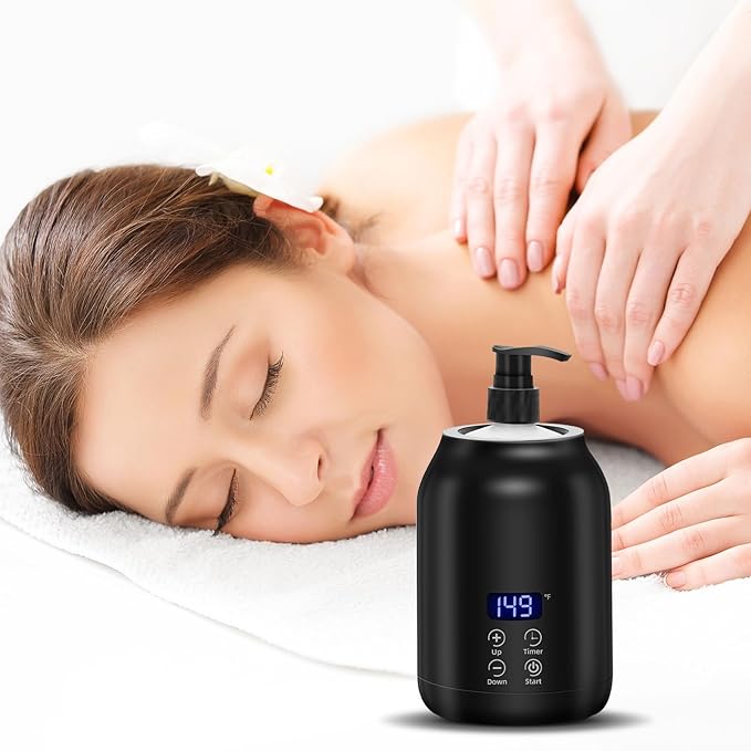 Massage Oil Warmer, Yofuly Electric Massage Oil Digital Heater with Two Oil Bottles, Portable Body Lotion Warmer Cream Heated Dispenser for SPA, Salon and Home Use, Black