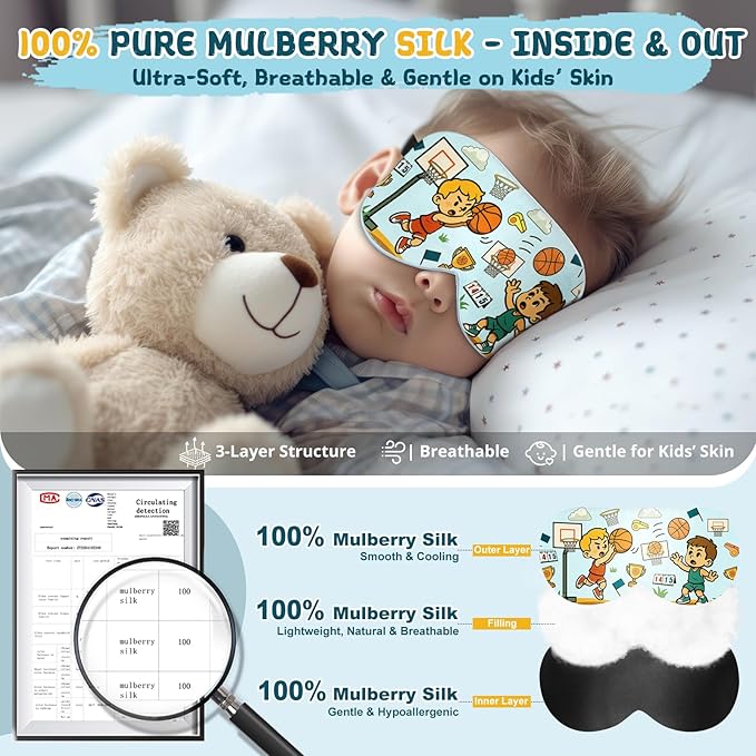 Kids Sleep Mask – 100% Mulberry Silk Eye Mask with Adjustable Strap, Soft Light Blocking Sleeping Mask for Children, Cute Printed Eye Cover for Boys Girls Ages 5-15 (Basketball Style)