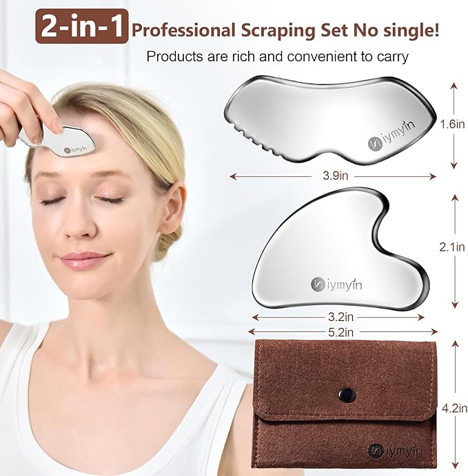 2Pcs Stainless Steel Gua Sha Facial Tools,Face and Body Skin Massage,Scraping Tools for Jaw Lift Massager,Puffiness Reduction,Lymphatic Drainage & Skin Tightening, Mother’s Day Gift, Summer Skin Care
