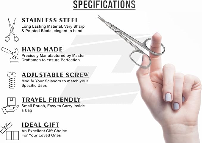 Cuticle Scissors Professional Extra Fine Curved Pointed Tip - Stainless Steel Grooming Scissors for Eyebrows, Beard, Nose Hair, Eyelash, Mustache, Dry Skin - Manicure Scissors