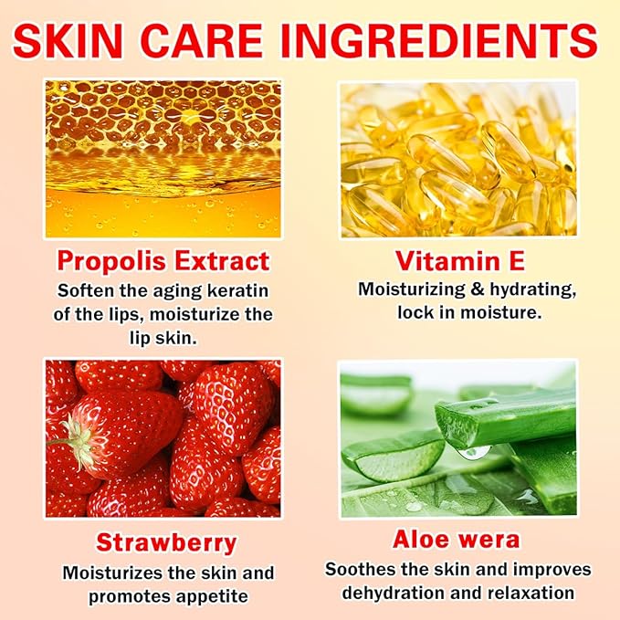 4 PCS Honey Lip Mask, Strawberry & Watermelon & Apple Lime Lip Sleeping Mask Propolis Moisturizing Lip Balm with Stick, Vitamin E Lip Masks, Repairs And Prevents Chapped Lips (Honey & Strawberry)