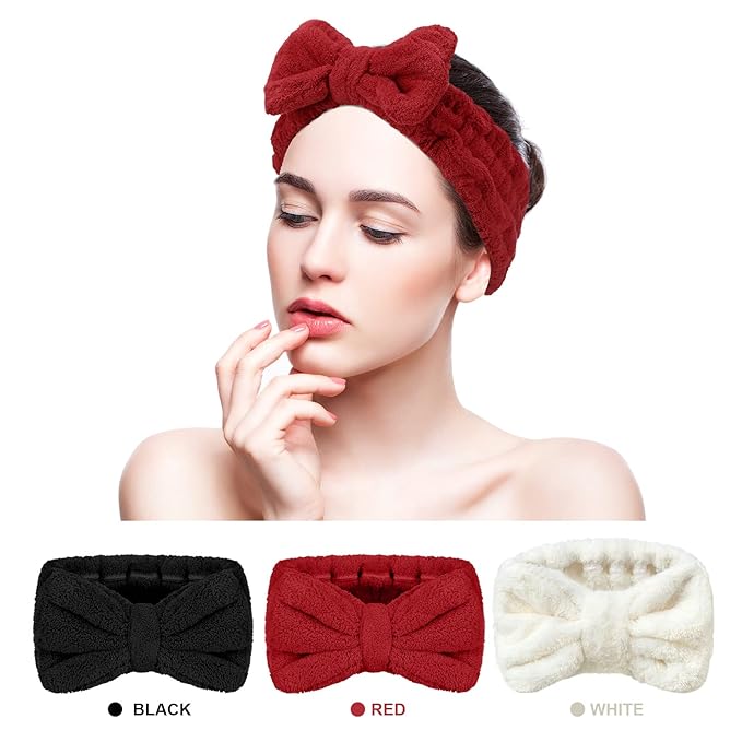 3 Pieces Towel Headbands for Women Makeup Headband for Washing Face Makeup Spa Headband, Microfiber Bowtie Shower Headband for Women(Red, Black, White)