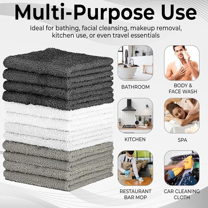 QUBA LINEN 100% Cotton Washcloth Set – Soft, Absorbent Face Towels for Bathroom & Gym Use –Reusable, Durable & Machine Washable - Dark Grey, White & Light Grey, 12x12 Inches, Pack of 12
