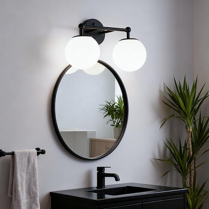 AKEZON 2-Light Black Bathroom Vanity Light Fixture, Modern Minimalist Vanity Lights with Milky White Glass Globe Shade, Wall Sconce Over Mirror Lighting for Bathroom Dressing Table Bedroom Living Room
