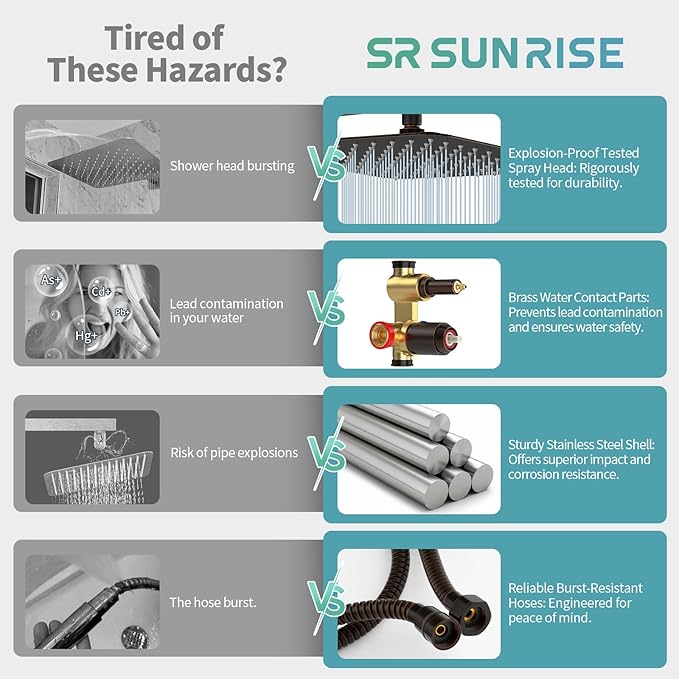 SR SUN RISE Oil Rubbed Bronze Shower System 12 Inches Brass Bathroom Luxury Rain Mixer Shower Combo Set Wall Mounted Rainfall Shower Head System Shower Faucet Rough-in Valve Body and Trim Included