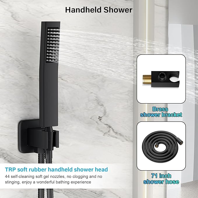 FPXRNG Black Shower Faucet Set, Rainfall Shower System with Square Shower Head and Handle Set, Wall Mounted Shower Fixtures, Full Metal Trim Repair Kit 8 inch Matte Black (With Shower Valve)