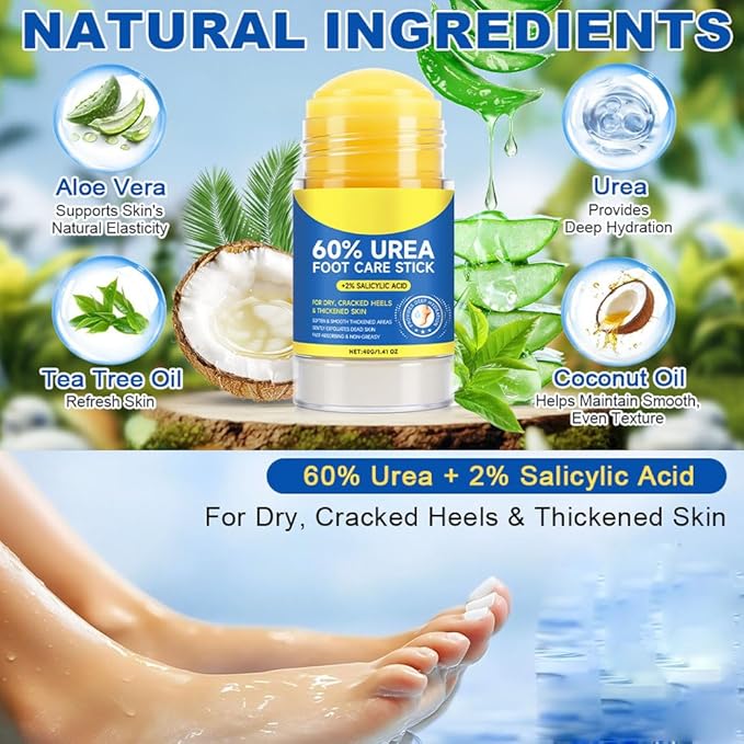 2Pack Urea Foot Cream 60 Percent for Feet Maximum Strength. Salicylic Acid Softening Foot Care Stick Moisturizer for Dry Cracked Heels,Feet, Hands, Intensive Repair Callus Remover Gift for Women, Men