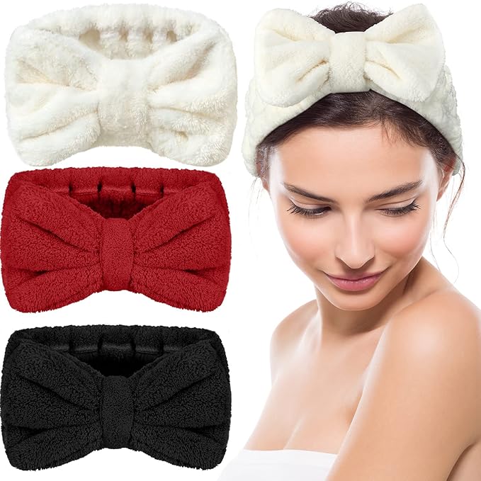 3 Pieces Towel Headbands for Women Makeup Headband for Washing Face Makeup Spa Headband, Microfiber Bowtie Shower Headband for Women(Red, Black, White)