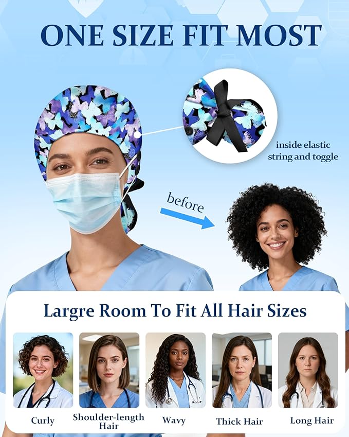 Plifal 100% Cotton Scrub Cap with Buttons-Nurse Cap with Sweatband for Women, Adjustable Working Hat,Satin Lined or Unlined