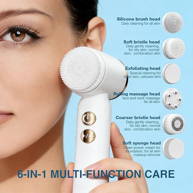 Electric Face Scrubber with Led Display & Facial Cleansing Brush - 6-in-1 Exfoliating Kit, 3 Speeds, IPX6 Waterproof Face Brush for Deep Cleaning, Massage & Gentle Exfoliation-Milk White