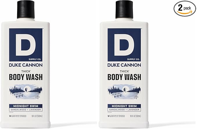 Duke Cannon Supply Co. Thick High Viscosity Body Wash - 3X Thicker, Plant-Based, Mineral-Enriched Body Wash for Men - Sandalwood and Lavender - Mens Body Scrub - Midnight Swim (18 oz) (Pack of 2)
