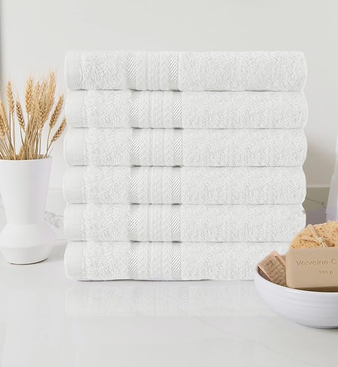 Cotton Craft Ultra Soft 6 Pack Hand Towels 16x28 White Weighs 6 Ounces Each - 100% Pure Ringspun Cotton - Luxurious Rayon Trim - Ideal for Everyday use - Easy Care Machine wash