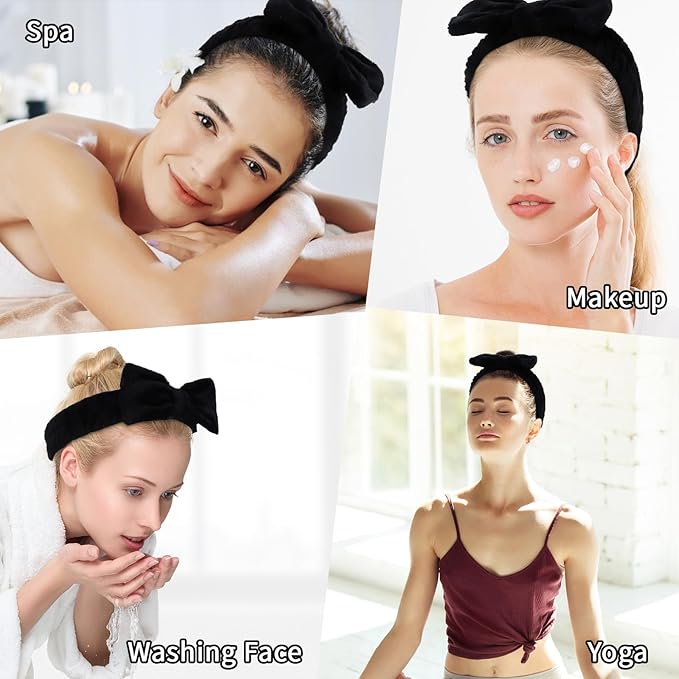 Casoty 12 Pcs Black Spa Headbands, Hair Holder for Washing Face, Soft Coral Fleece Facewash Headband, Bow Hair Bands, Skin Care Headband for Face Washing Shower Skin Care Yoga