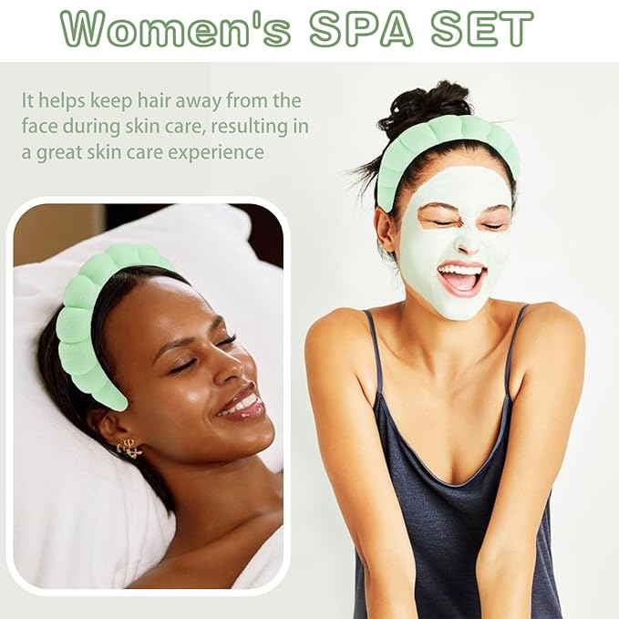 CUBACO Spa Headband and Wristband Set for Women with Ice Jade Roller and Gua Sha, Skin Care Set Tools Puffy Makeup Headband Teen Girl Gifts Trendy Stuff Hair Accessories for Women