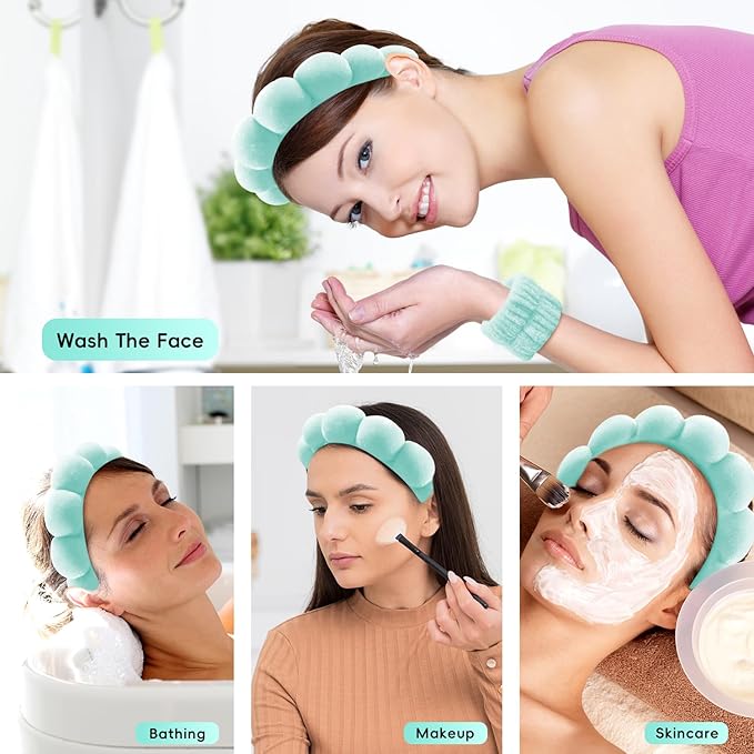 my novel things Spa Headband For Washing Face with Hair Clips Wristbands 6PK for Women Girls Gift, Soft-Puffy Velvet Makeup Headbands for Makeup, Skincare (Green)