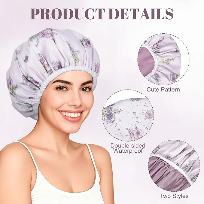 Pengxiaomei Double-Sided Shower Cap for Women, 2 in 1 Reusable Waterproof Bath Cap for Women Girls Long Thick Hair (Flowers)
