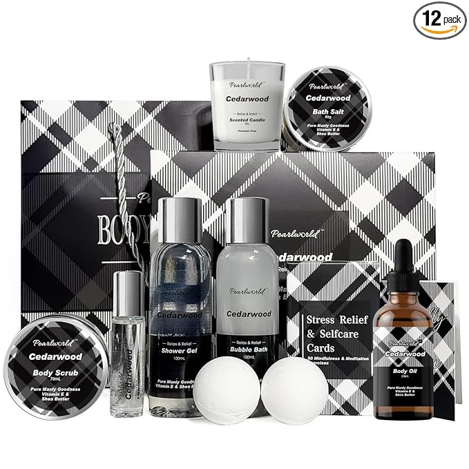 12Pcs Men's Spa Gift Set - Cedarwood Bath & Body Care Kit, Home Spa Set with Natural, Perfect Gifts for Men - Father's Day, Birthday, Valentine's & Christmas