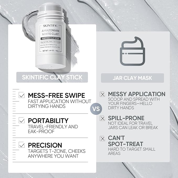 SKINTIFIC Amazonian White Clay Purifying Stick, Deep Clean Pores Mud Mask with Volcanic Soil, Pore Minimizer, Gentle Exfoliating, Refines Pores, Smoothing Skin, Non-Drying, Skincare Facial Mask