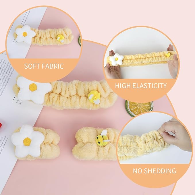 PERFECTSIGHT Kawaii Headband for Spa, Makeup, Washing Face, Party - 2 Pack Cute Hair Band for Shower Beauty Skincare, Soft Facial Headbands for Girls and Women (Yellow Flower Bee)