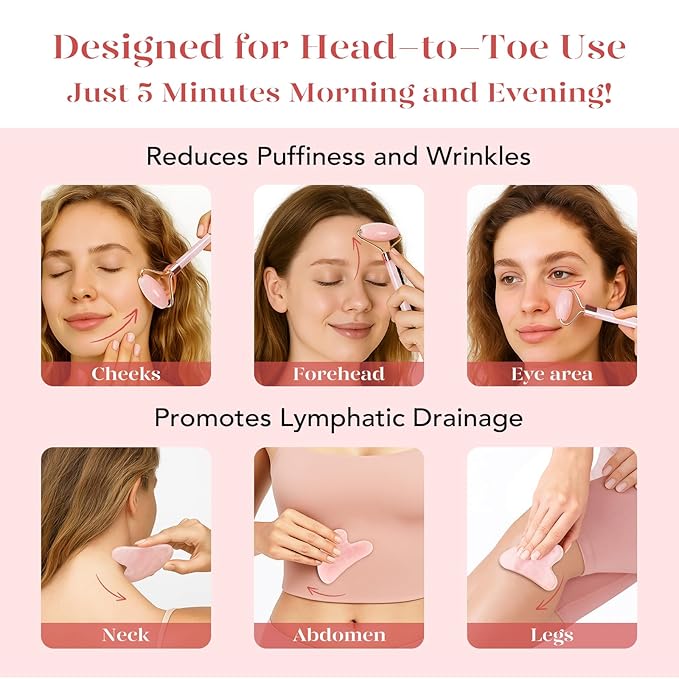 BAIMEI Rose Quartz Roller Set & Xiuyan Jade Gua Sha – Face Massager Tool and Guasha Tool for Face
