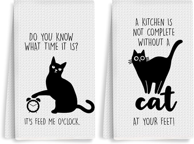 2Pcs Cat Kitchen Towels "The Secret Ingredient Is Cat Hair" Design Farmhouse Dishwashing Hand Tea Towel Kitchen Drying Dish Towel for Restaurant Table, Housewarming Gift