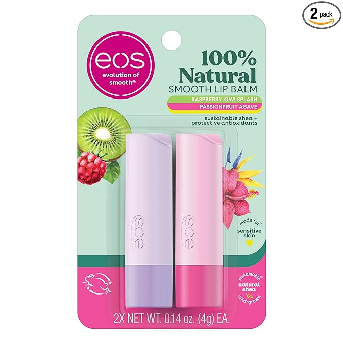 eos 100% Natural Lip Balm, Raspberry Kiwi Splash & Passionfruit Agave, All-Day Moisture, Lip Care Products, 0.14 oz, 2-Pack