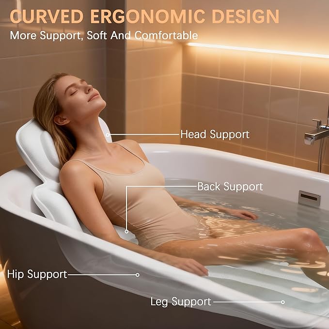Ergonomic Full Body Bath Pillow for Bathtub, 5D Luxury Spa Cushion with 114 Non-Slip Suction Cups, Extra Long Thick Bath Pillow for Full Body Support, for Adult with Laundry Bag & Hook