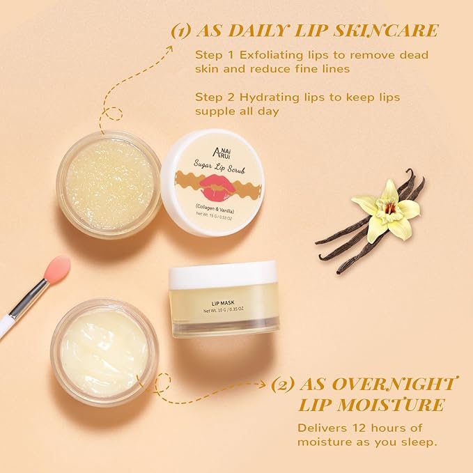 ANAI RUI Lip Mask and Scrub Set, Lip Sleeping Mask & Lip Exfoliator Scrub for Exfoliating, Lip Overnight Treatment, Lip Care Gift Kits for Dry, Chapped & Dark Lips, Holiday Gifts For Girls, Vanilla
