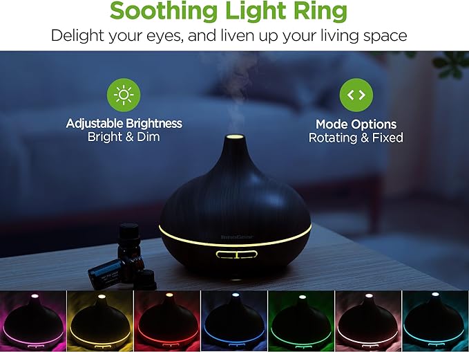 InnoGear Aromatherapy Diffuser & 10 Essential Oils Set, 400ml Diffuser Ultrasonic Diffuser Cool Mist Humidifier with 4 Timers 7 Colors Light Waterless Auto Off for Mother's Gift, Dark Wood Grain