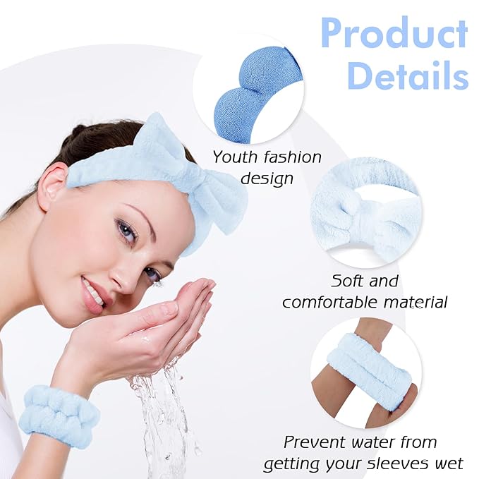 Zkptops 6Pcs Spa Headband for Washing Face Wristbands Set Women Bubble Makeup Sponge Terry Cloth Padded Puffy Skincare Headband Bow Tie Hairband Cute Non Slip Thick Hair Accessory Gifts (Dark Blue)