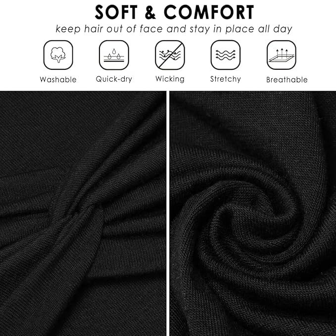 HAUHC Extra Wide Headbands for Women, 7'' Large Cotton Like Turban Knotted Bandana Head Bands for Women Non Slip, Boho Headbands for Women's Hair (All Black-6Pcs, Extra Large 7" Wide)