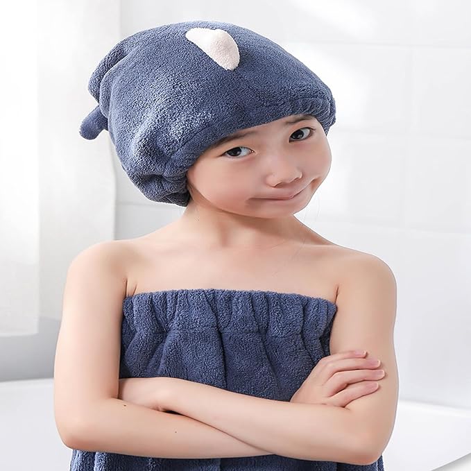 Hair Drying Towel for Kids Girls, Cute Cartoon Absorbent Quick Drying Bath Wrap Set for Bathing, Spa, Swimming Pool, Soft Microfiber Cap for Curly Long & Wet Hair, Blue