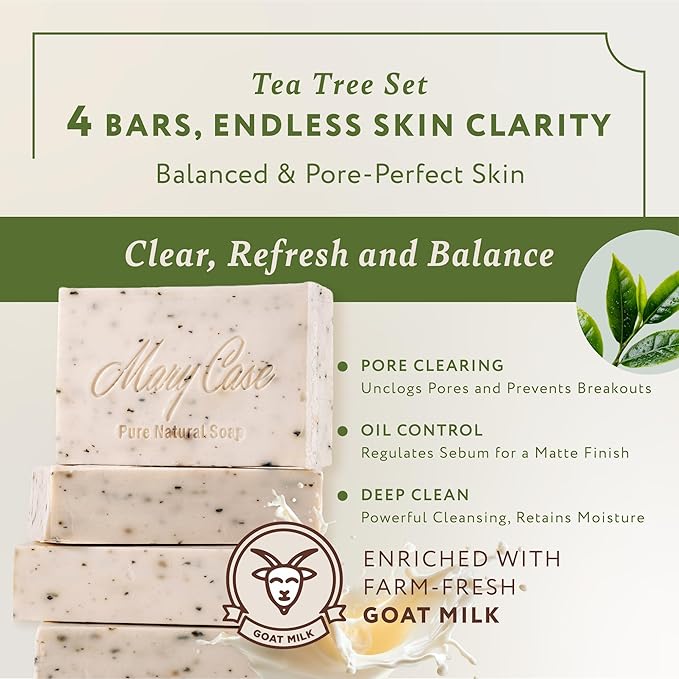 Mary Case Goat Milk & Tea Tree Bar Soap Set of 4 | Natural Soap with Olive, Coconut & Tea Tree Oils + Dried Tea Tree Leaves | Bath Soap for Men & Women | Gentle Cleansing, Purifying & Balancing Skin