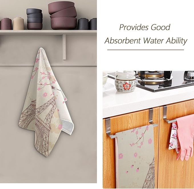 Pink Cherry Blossom Paris Hand Towels for Bathroom Set of 2,Vintage Eiffel Tower Romantic France Plum Floral Decorative Bathroom Towels for Bath,Soft Absorbent Dish Towels for Kitchen 28"x14"