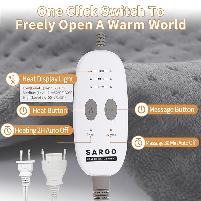 Weighted Massaging Heating Pad,Heating Pads for Back and Shoulders,Heated Pad for Pain Relief, 3 Heat Settings 6 Massage,18 Relaxing Combinations,Auto Off,Gifts for Women Men, 20"*24", Light Grey