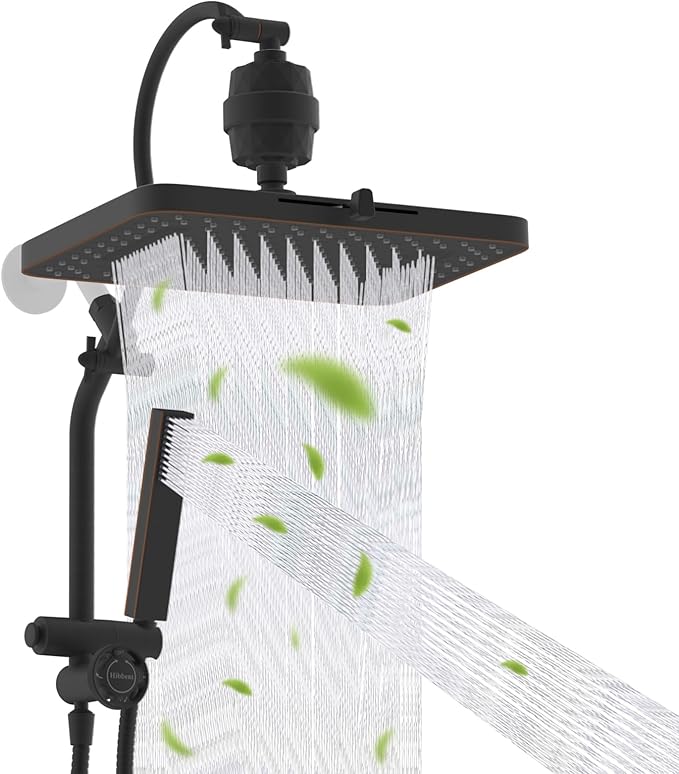 Hibbent 5-spray Filtered Rainfall Shower Head Combo, High Pressure 13'' Showerhead with Stainless Steel 4 Spray Modes Handheld, All Metal 4-way Diverter Arm, 71'' Hose & Holder, Oil-Rubbed Bronze