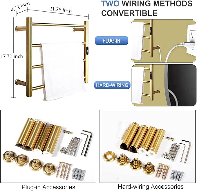 Heated Towel Rack Gold, 4 Bars Towel Warmer Rack for Bathroom Wall Mounted, Timer & Temperature Control Electric Towel Drying Rack (4 Bars Brushed Gold D, Hardwired)