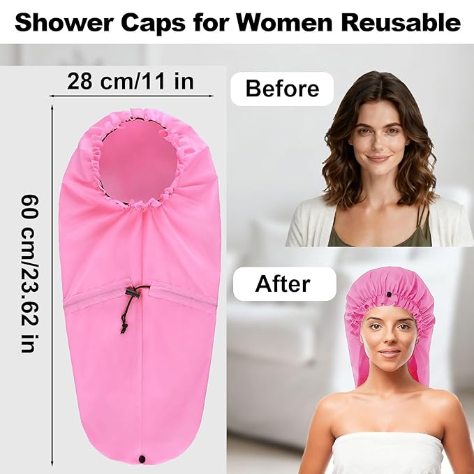 ELEBOX 4 Pack Extra Large Shower Cap for Braids/Curly Hair/Dreadlock | XL Bathing Cap with Adjustable Drawstring & Button | Reusable Waterproof Long Bonnets for Women Shower/Cooking/Cleaning/Spa