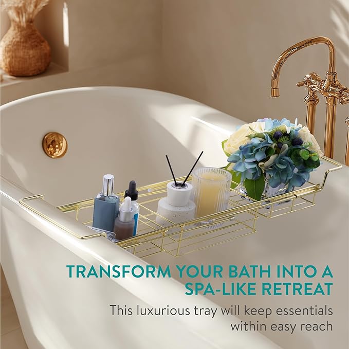 Navaris Gold Wire Bath Tray - Adjustable Bath Caddy - Organiser Trays for Bathtub - Extendable Bath Toy Storage Shelf for Across The Bath - Robust & Easy to Clean Over Bath Rack